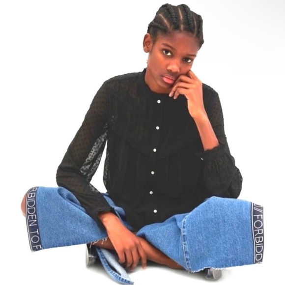 NWT ZARA Women’s Black Dot Button Relaxed Peasant Blouse Top Shirt XS X-Small - Picture 5 of 10